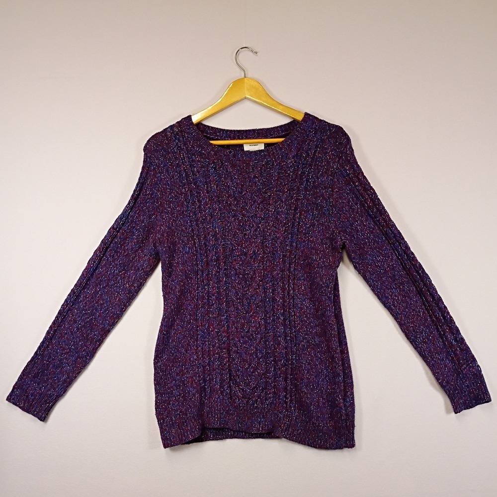 Boho Chic Old Navy Women Medium Purple Marled Metallic Cable Knit Crew Sweater